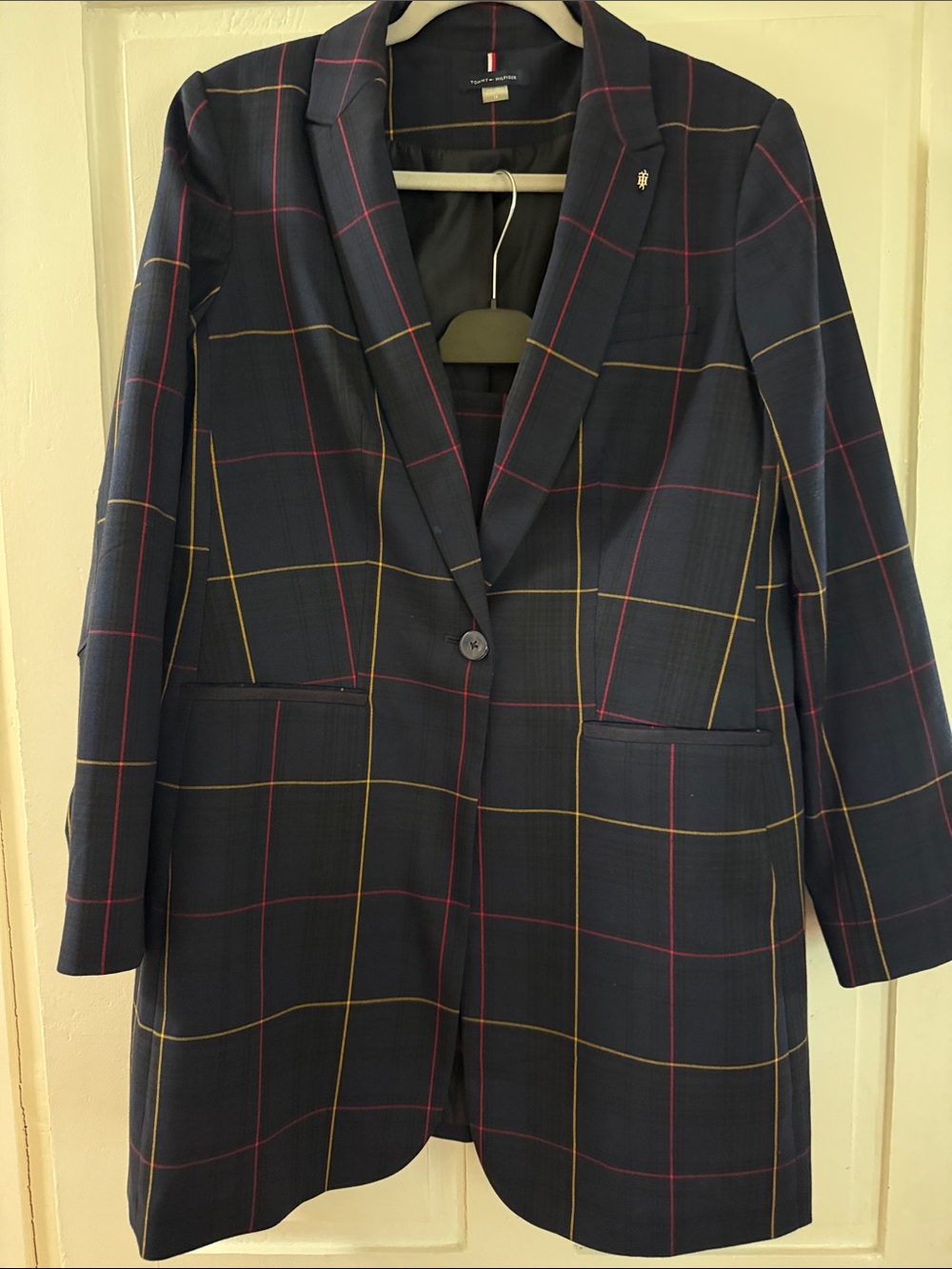 Stylish skirt suit! Tommy Hilfiger Navy with yellow and red lines. Long blazer.